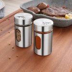 Stainless Steel Spice Shakers with Transparent Window, Glass Spice Jars Seasoning Dispenser with Rotatable Lid