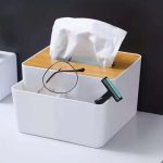 White Tissue Box With Wooden Lid And Built In Organizer