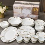(38 Pcs Set) White And Gold Marble Pattern Dinner Set By Leebun Featuring Dinner Plates Bowls Cups And Saucers