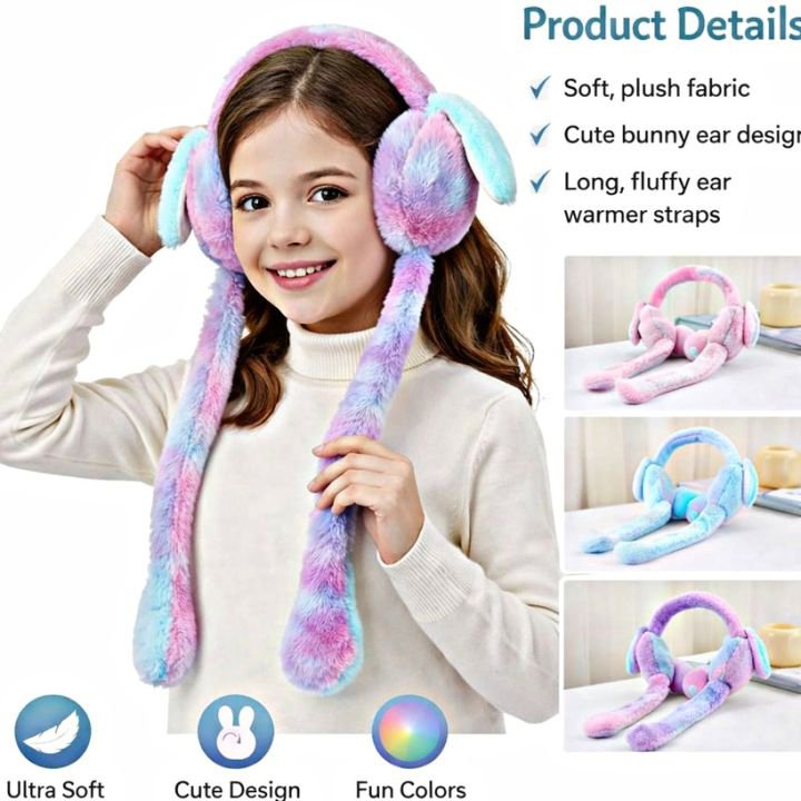 2026/10/17924856864336738375170267546262.jpg Funky Plush Rabbit Moving Ears Earmuffs Hat for Kids & Girls - Image 1